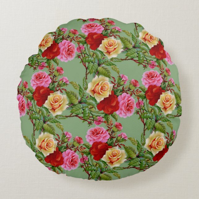 Bold Pattern Red Yellow Pink Roses and Foliage Round Pillow (Front)
