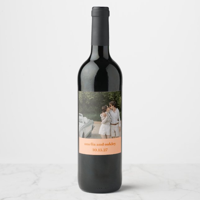 Bold Peach Orange Retro Custom Wedding Photo Wine Label (Front)