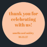 Bold Peach Orange Retro Custom Wedding Thank You  Classic Round Sticker<br><div class="desc">Add a special touch to your wedding favours with these elegant thank-you stickers. In Peach Orange,  these customizable stickers are perfect for sealing favour bags,  gift boxes,  or envelopes. Personalize with names and the wedding date for a thoughtful finishing detail your guests will appreciate!</div>