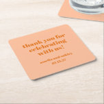 Bold Peach Orange Retro Custom Wedding Thank You  Square Paper Coaster<br><div class="desc">Add a thoughtful touch to your wedding reception or special event with these personalized thank-you coasters! Featuring a modern and minimalist design in soft Peach Orange with elegant white typography, these coasters are a stylish way to show appreciation to your guests. Customizable with the couple’s names and wedding date, they...</div>