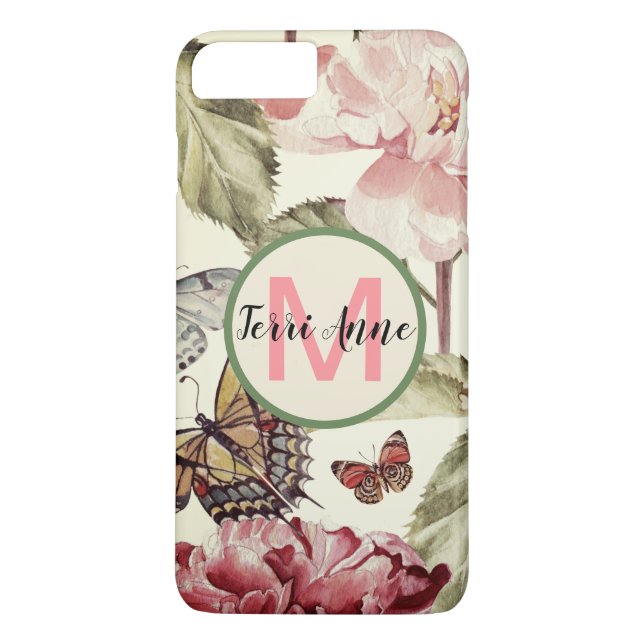 Bold Peony Flowers and Butterflies with Monogram Case-Mate iPhone Case (Back)