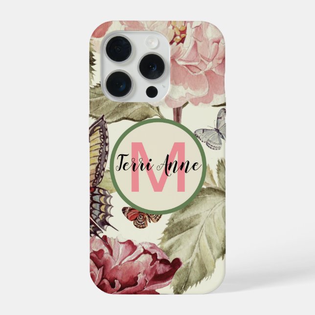 Bold Peony Flowers and Butterflies with Monogram iPhone Case (Back)