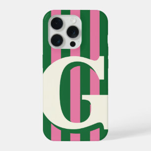 Bold Personalized Initial, Green and Pink Stripe iPhone 15 Pro Case