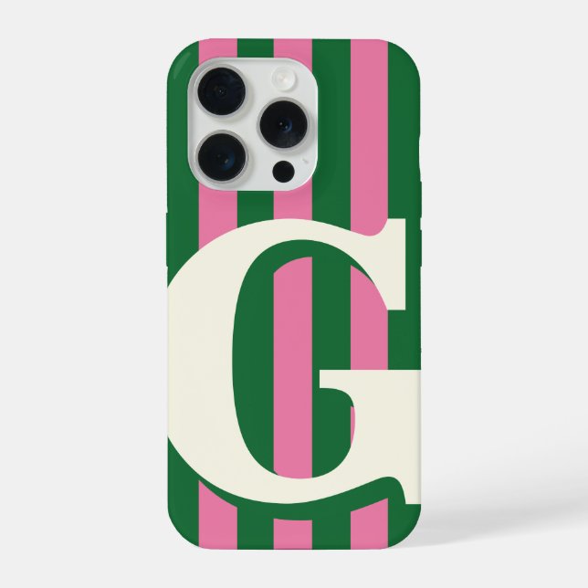 Bold Personalized Initial, Green and Pink Stripe iPhone Case (Back)