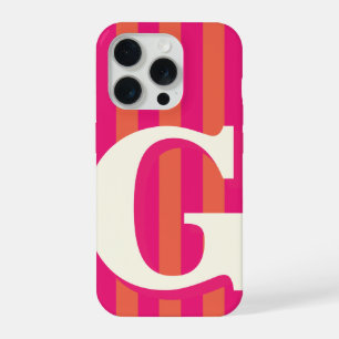 Bold Personalized Initial, Pink and Orange Stripe iPhone 15 Pro Case