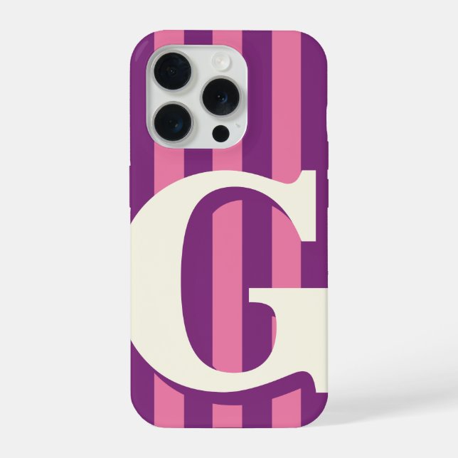 Bold Personalized Initial, Purple and Pink Stripe iPhone Case (Back)