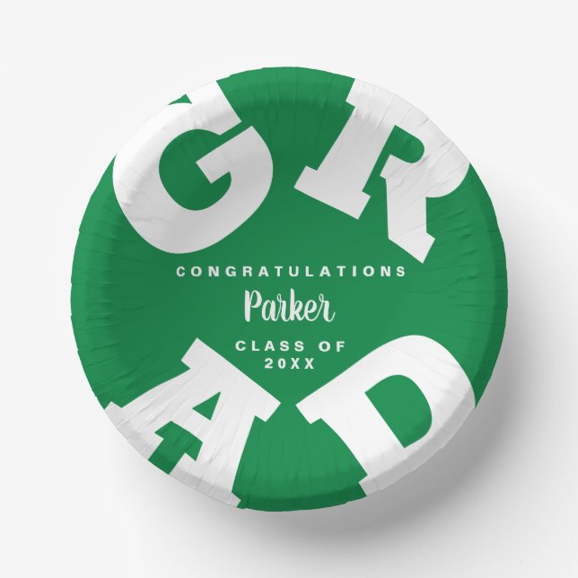 Bold Personalized White on Green Graduation Paper Plate (Front)