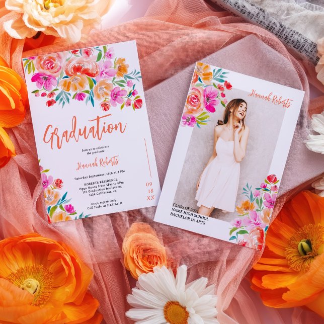 Bold photo Boho orange floral graduation Announcement (Bold photo Boho orange floral graduation Announcement)