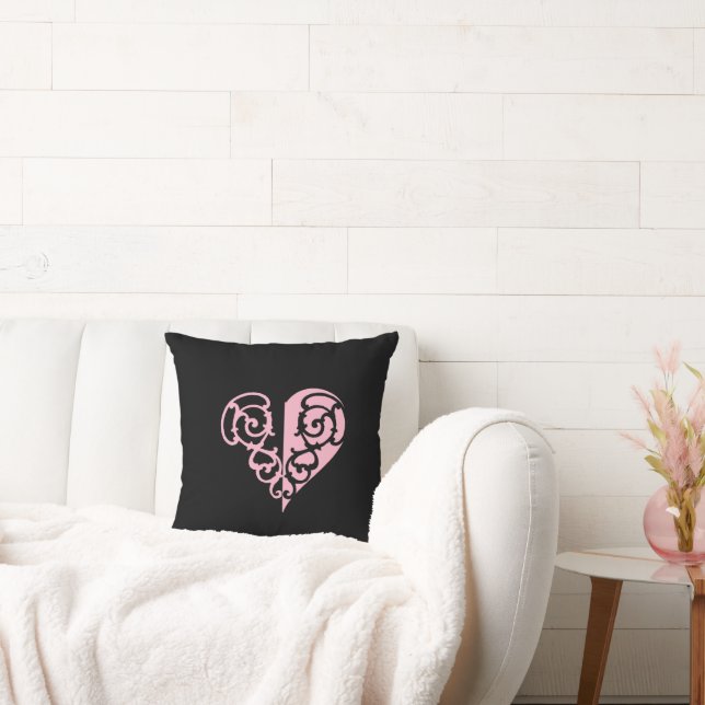 Bold Pink and Black Filigree Heart Throw Pillow (Couch)