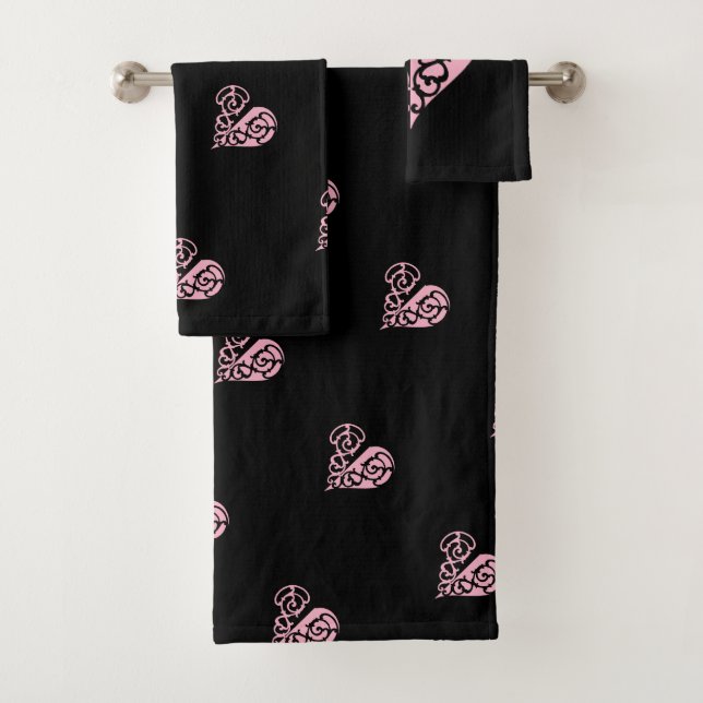 Bold Pink and Black Filigree Heart Towel Set (Insitu)
