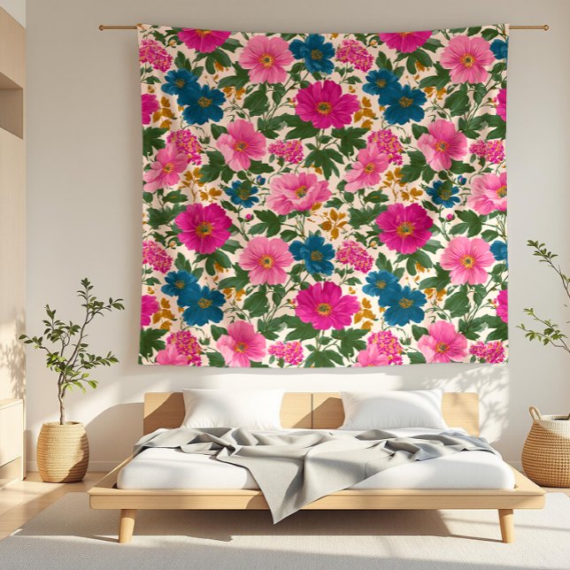 Bold Pink and Blue Floral on Cream Fleece Blanket (Creator Uploaded)