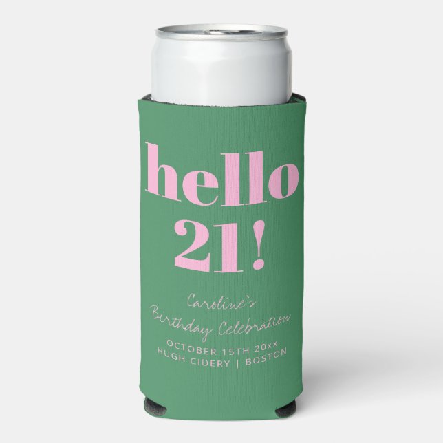 Bold Pink and Green Modern 21st Birthday Custom Seltzer Can Cooler (Seltzer Front)