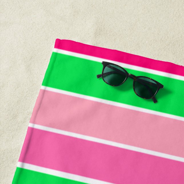 Bold Pink and Green Stripes  Beach Towel (In Situ)