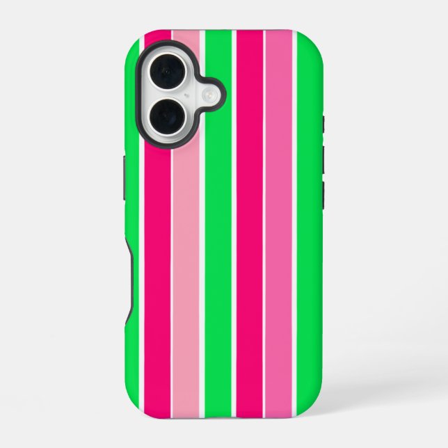 Bold Pink and Green Stripes  iPhone 16 Case (Back)