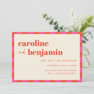 Bold Pink and Orange Chequerboard Pattern Wedding  Invitation