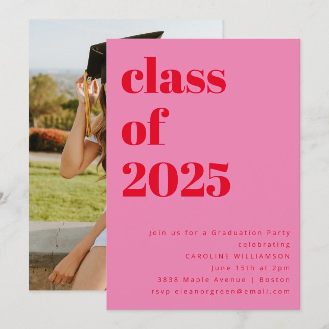 Bold Pink and Red 2025 Photo Graduation Party Invitation (Front/Back)