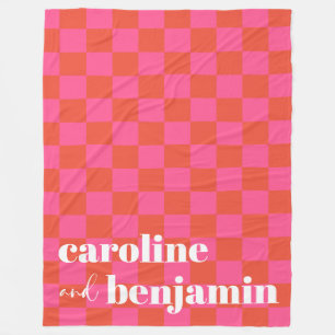 Bold Pink and Red Chequerboard Custom Wedding Fleece Blanket