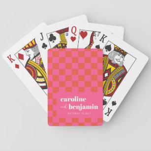 Bold Pink and Red Chequerboard Custom Wedding  Playing Cards