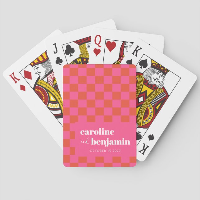 Bold Pink and Red Chequerboard Custom Wedding  Playing Cards (Back)