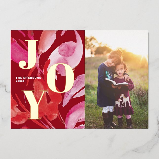 Bold Pink and Red Joy  Foil Holiday Card (Front)