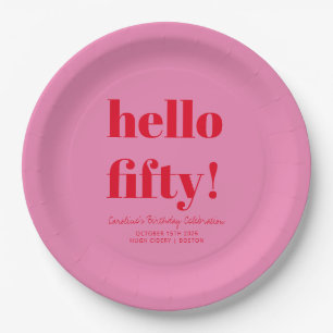 Bold Pink and Red Modern 50th Birthday Custom Paper Plate