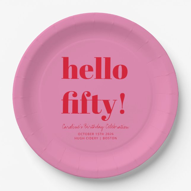 Bold Pink and Red Modern 50th Birthday Custom Paper Plate (Front)