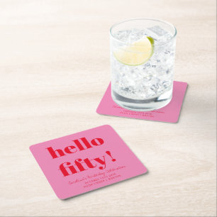 Bold Pink and Red Modern 50th Birthday Custom Square Paper Coaster