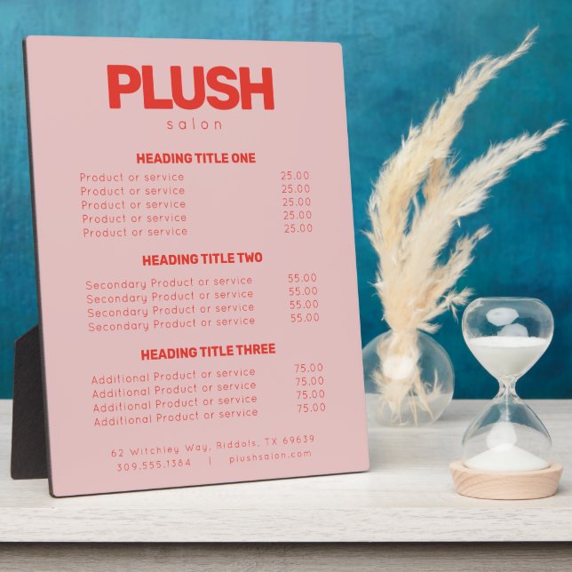 Bold Pink and Red Modern Salon Services Price List Plaque (Side)
