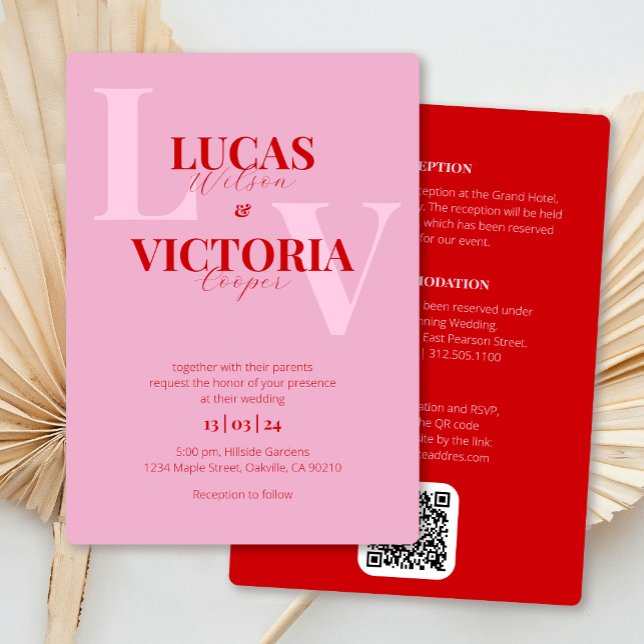Bold Pink and Red QR Code All in One Wedding Invitation (Creator Uploaded)