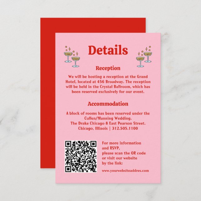 Bold Pink and Red QR Code Wedding Information  Enclosure Card (Front/Back)