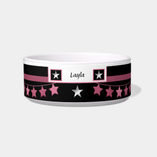Bold Pink/Black Personalized Pet Bowl with Stars