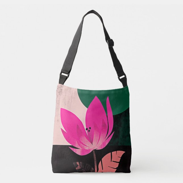 Bold Pink Bloom on Black Crossbody Bag (Front)
