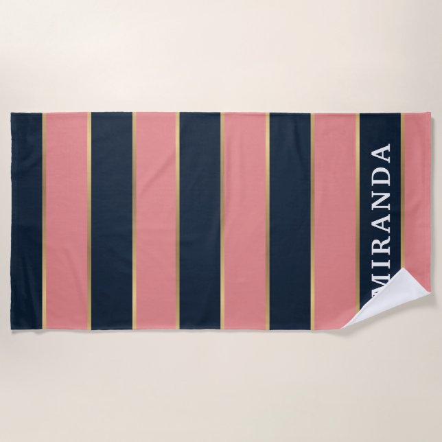 Bold Pink Blue Gold Stripe Pattern Beach Towel (Front)