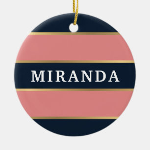 Bold Pink Blue Gold Stripe Pattern Ceramic Ornament