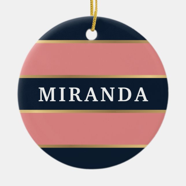 Bold Pink Blue Gold Stripe Pattern Ceramic Ornament (Front)