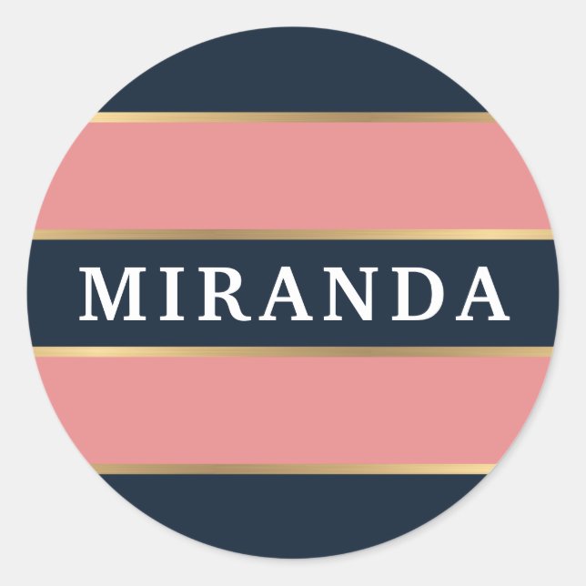 Bold Pink Blue Gold Stripe Pattern Classic Round Sticker (Front)