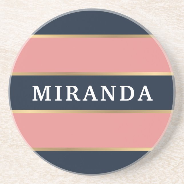 Bold Pink Blue Gold Stripe Pattern Coaster (Front)