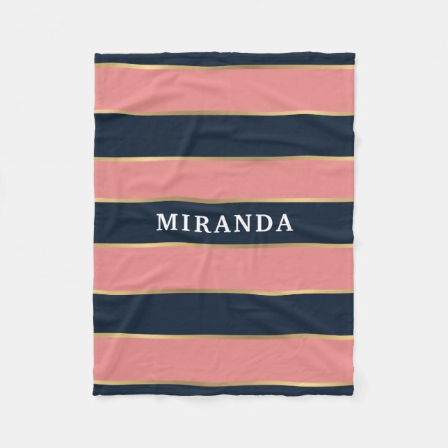 Bold Pink Blue Gold Stripe Pattern Fleece Blanket (Front)