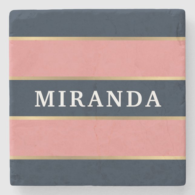 Bold Pink Blue Gold Stripe Pattern Stone Coaster (Front)