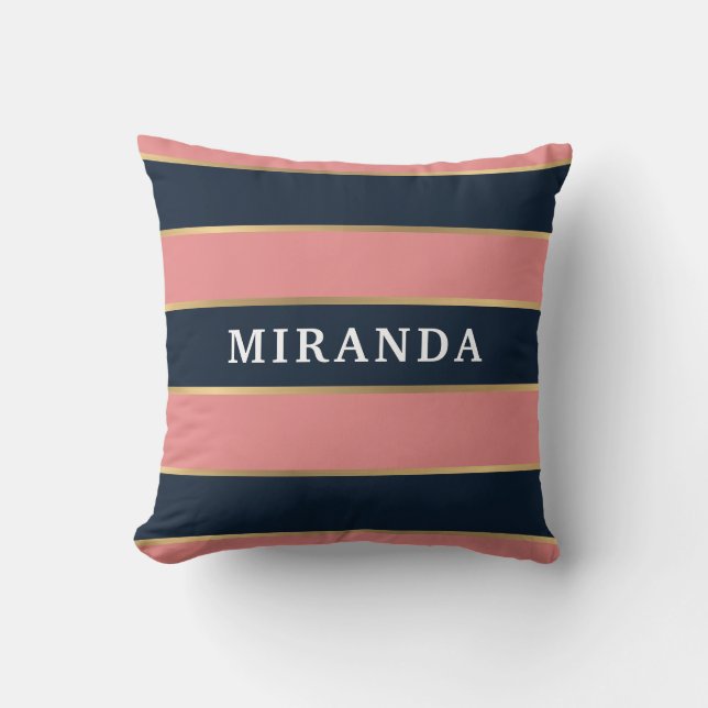 Bold Pink Blue Gold Stripe Pattern Throw Pillow (Front)