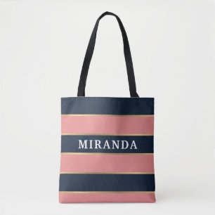 Bold Pink Blue Gold Stripe Pattern Tote Bag