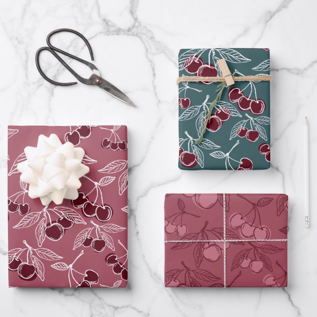 Bold Pink & Cherry Red & Turquoise Girly Cherries Wrapping Paper Sheet (Front)