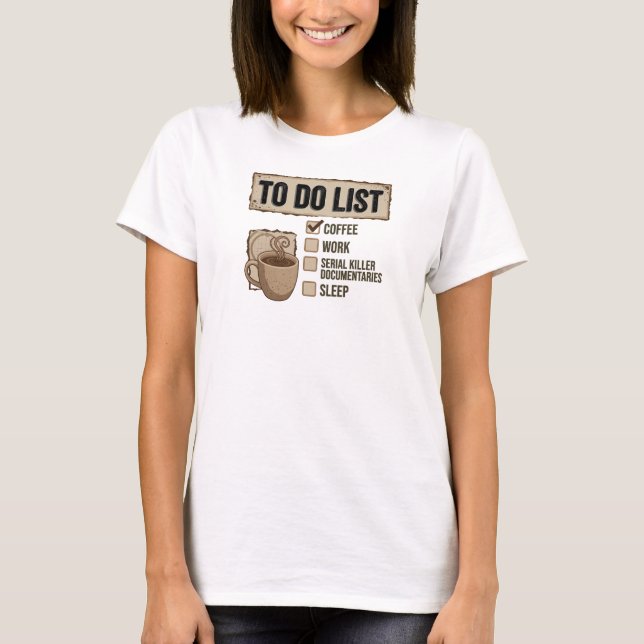 Bold Pink COFFEE WORK TRUE CRIME Art Composition T-Shirt (Front)