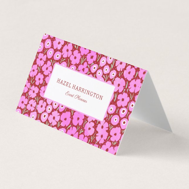 Bold Pink Floral Folded Business Card Cute (Front)