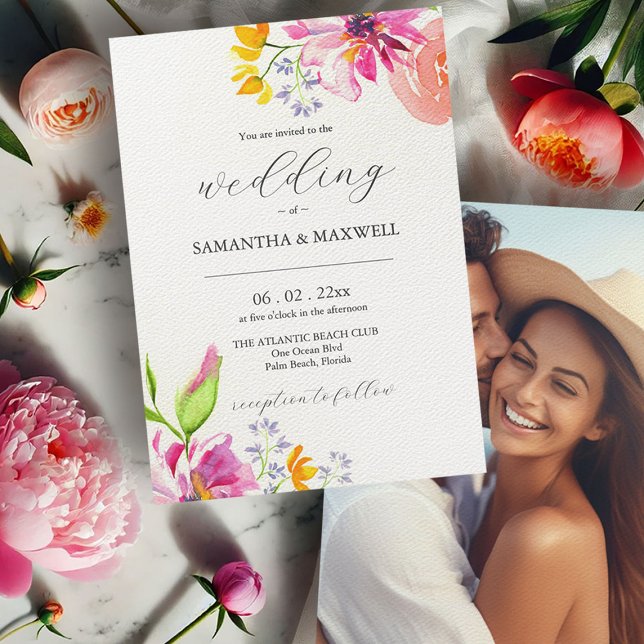 Bold Pink Floral Photo Wedding Invitations (Bold floral wedding invitations with photo watercolor art by Victoria Grigaliunas of Do Tell A Belle)