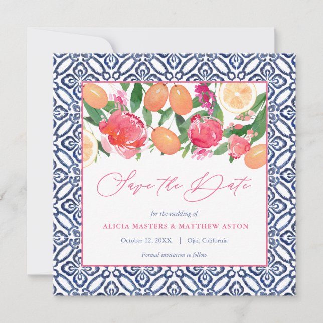 Bold Pink Florals With Citrus And Spanish Tiles Save The Date (Front)