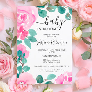 Bold pink green floral watercolor baby shower invitation