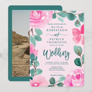 Bold pink green floral watercolor photo wedding invitation