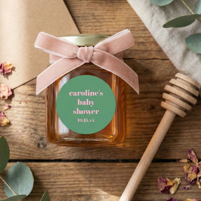 Bold Pink Green Modern Fun Custom Baby Shower Classic Round Sticker (Creator Uploaded)