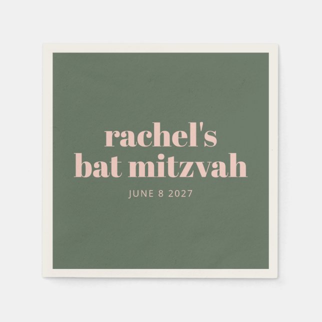 Bold Pink Green Personalized Bat Mitzvah Name Napkin (Front)